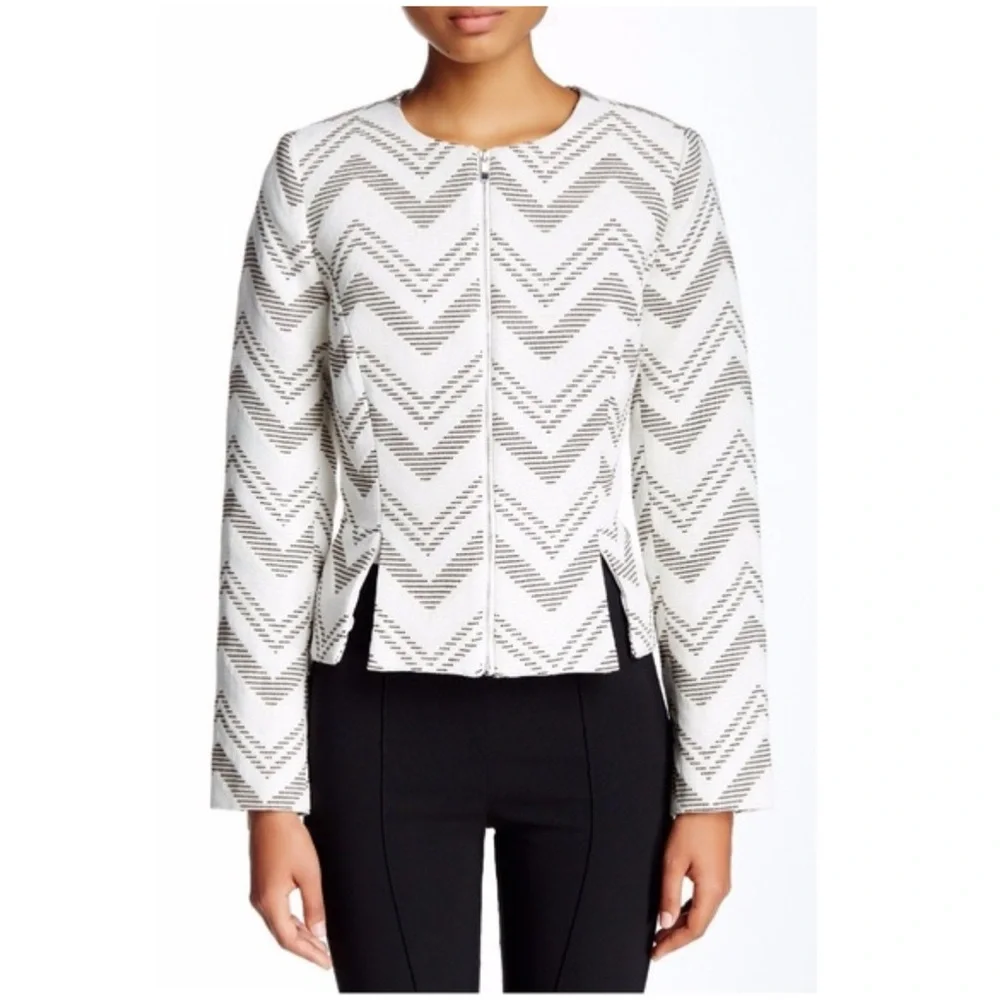 NWT 1. State blazer chevron print zip front peplum medium neutrals career wear